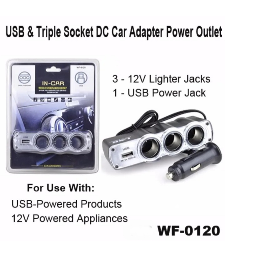 全新 TRIPLE COCKET WF- 0120 汽車點菸器擴充一轉三孔插座+USB插孔(IN-CAR)