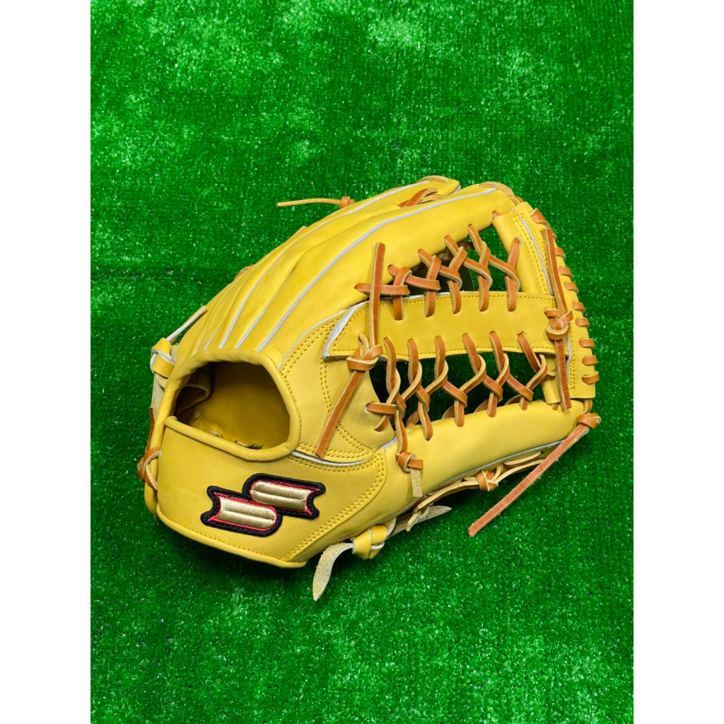棒球世界全新SSK 棒壘球手套 硬式用特價原皮黃色 外野斜T網球檔
