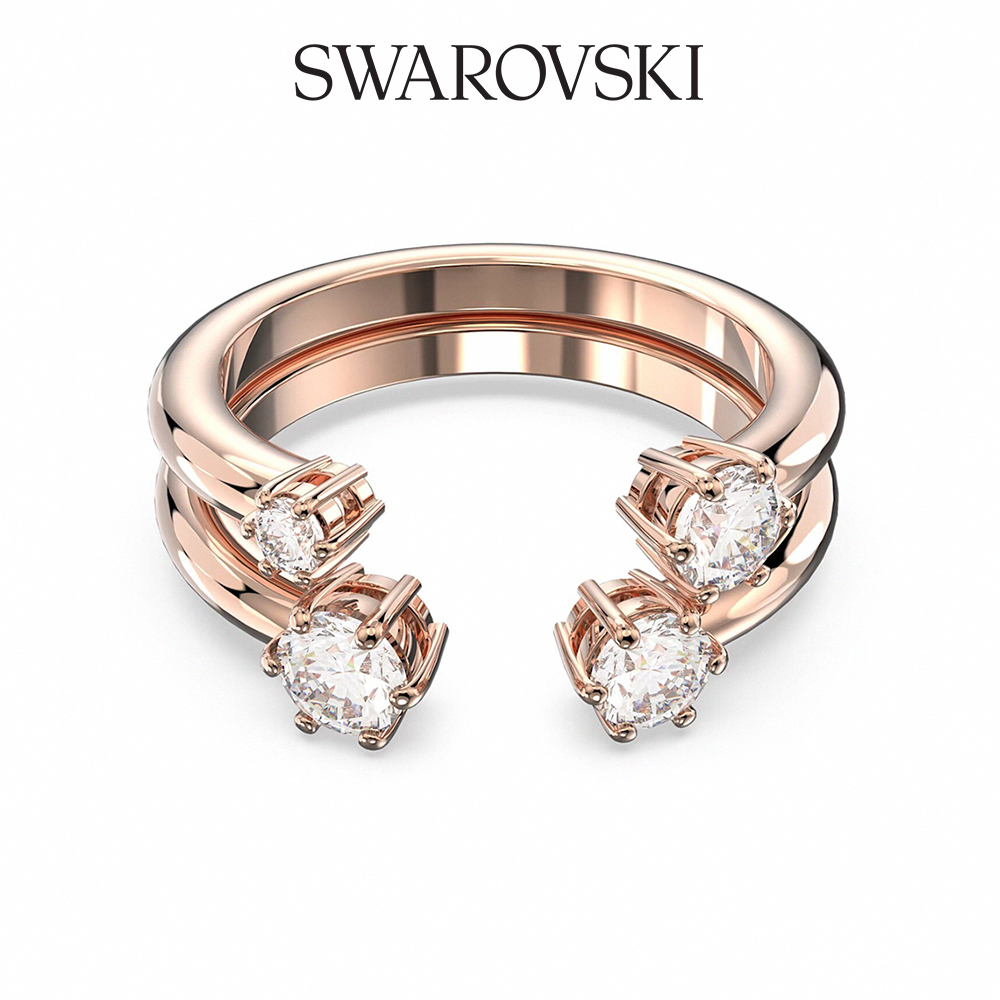 SWAROVSKI 施華洛世奇 Constella 戒指套裝 (2 個一組), 圓形切割, 白色, 鍍玫瑰金色調