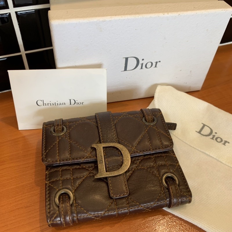 Dior-vintage wallet經典籐格紋三折小羊皮大D短夾