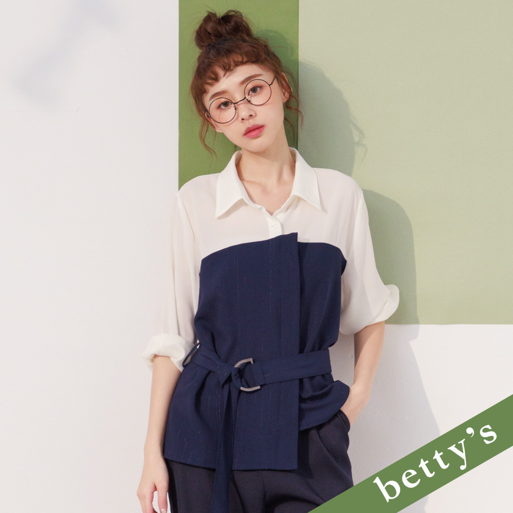 betty’s貝蒂思(21)拼接布腰帶雪紡襯衫(深藍)