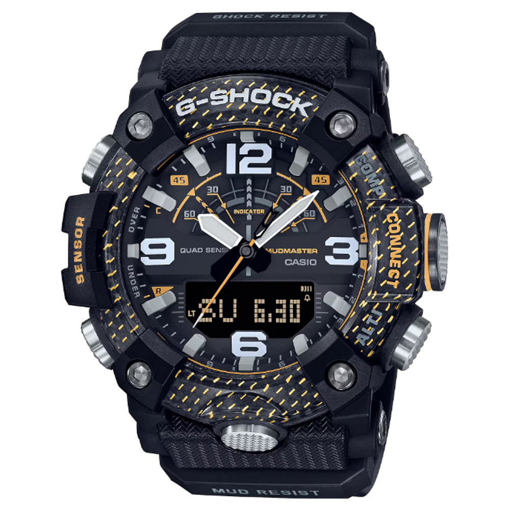 【CASIO 卡西歐】G-SHOCK MUDMASTER碳纖維智慧藍芽雙顯錶-黑亮黃(GG-B100Y-1A 防塵防泥)