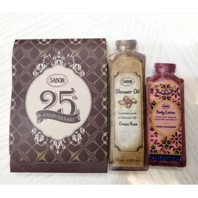 Sabon 25週年試用品組合 包含以色列綠玫瑰沐浴油15ml 幸福饗宴系列身體乳液5ml效期至2025.05