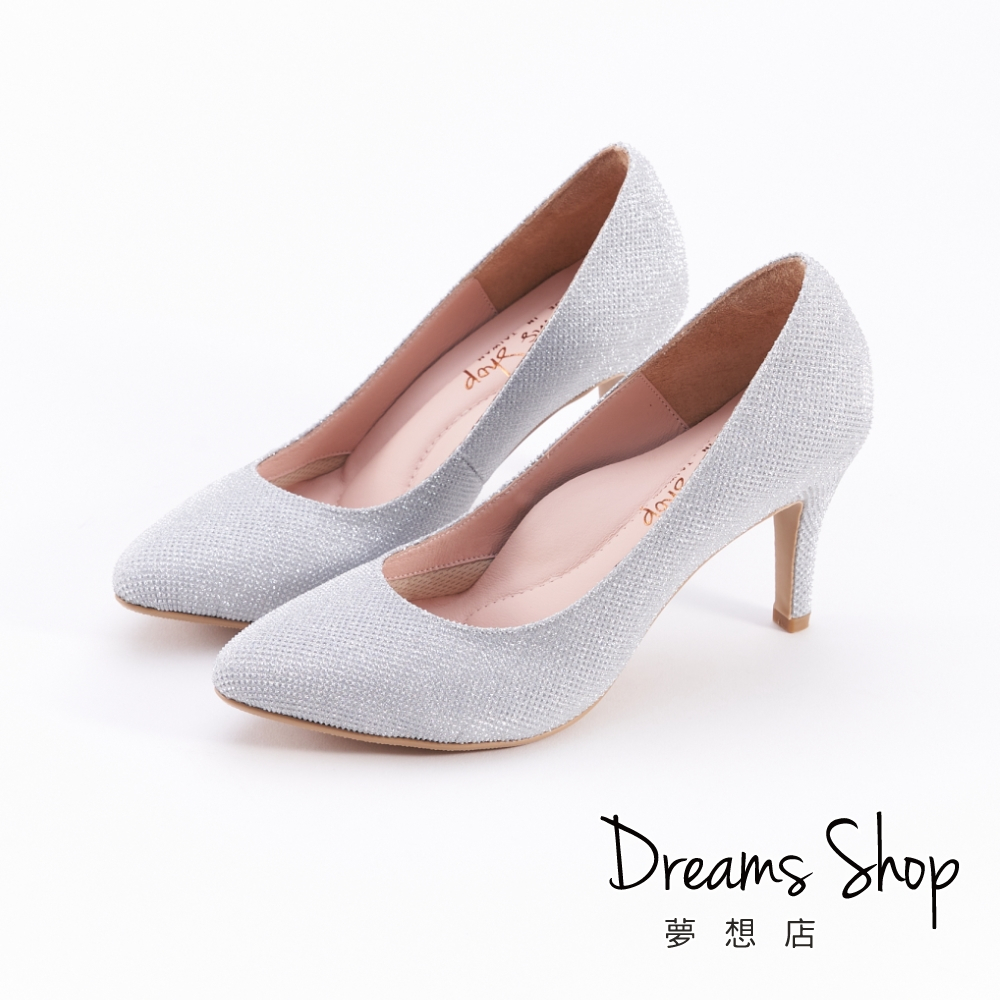 DREAMS SHOP MIT真皮減壓閃亮亮尖頭氣墊高跟婚鞋8cm 銀色【HC9209-A20】大尺碼女鞋37-44