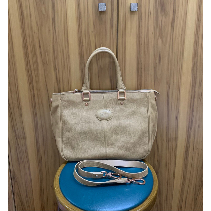 全新 Longchamp Mystery系列 奶茶色牛皮托特包 真皮皮革側背包 手提包 法國購入正品有購證