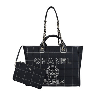 CHANEL DEAUVILLE皮革字母LOGO格紋縫線設計帆布磁釦式鏈帶手提斜背子母包(大/黑)