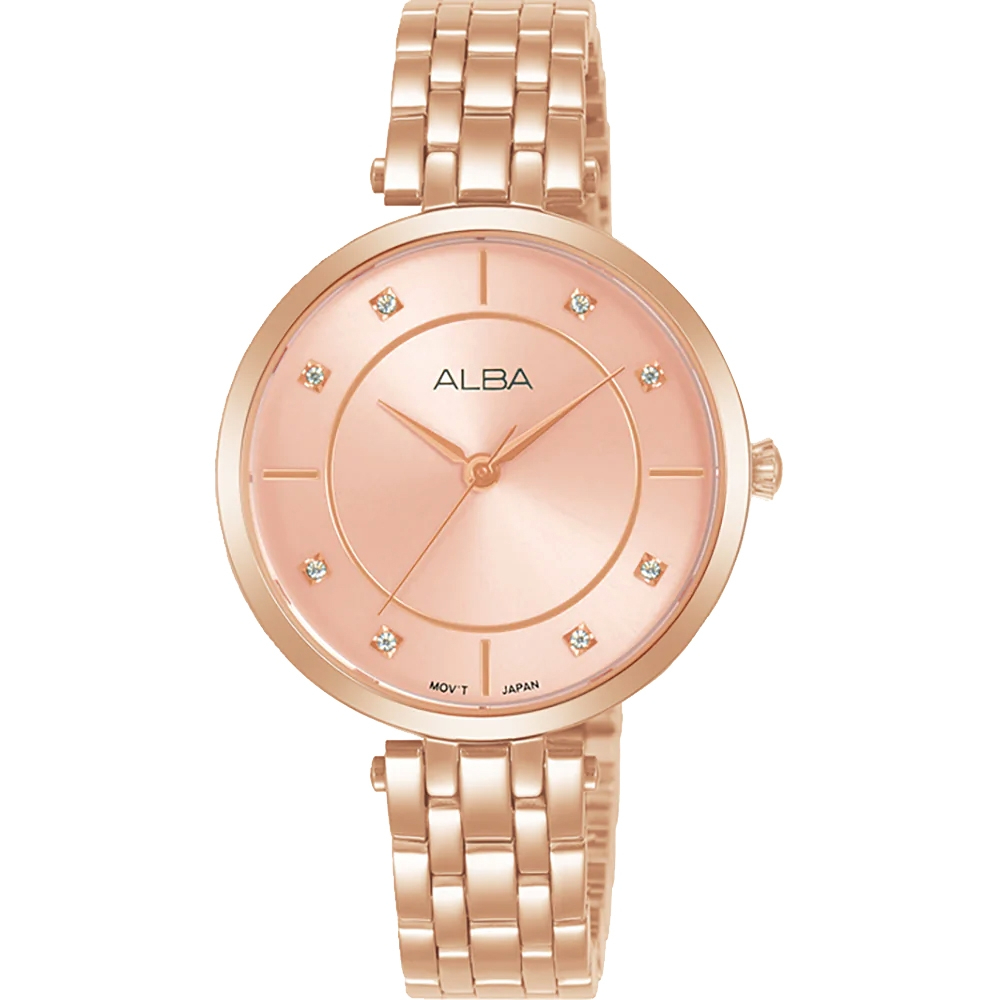 ALBA 雅柏 簡約晶鑽女錶-玫瑰金x粉/32mm(ARX074X1/Y121-X160P
