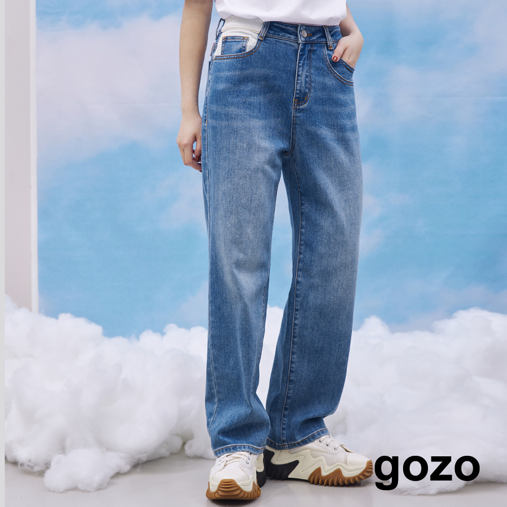 【gozo】造型口袋特殊水洗直筒牛仔褲(藍色_S/M/L) | 牛仔 修身 百搭