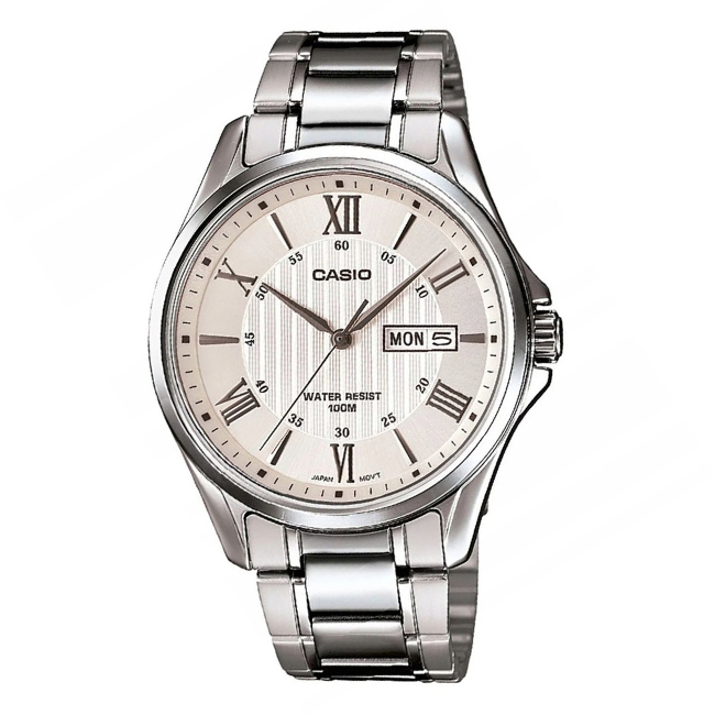【CASIO 卡西歐】MTP-1384D-7A 簡約三針 羅馬字 日期星期顯示 鋼錶帶男錶 白/銀 台南 時代鐘錶