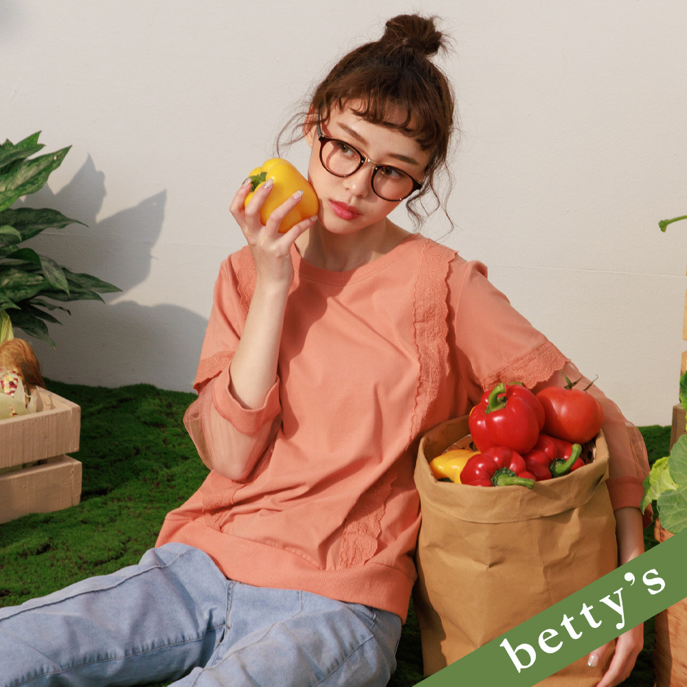 betty’s貝蒂思(21)袖子網布蕾絲拼接上衣(淺桔色)