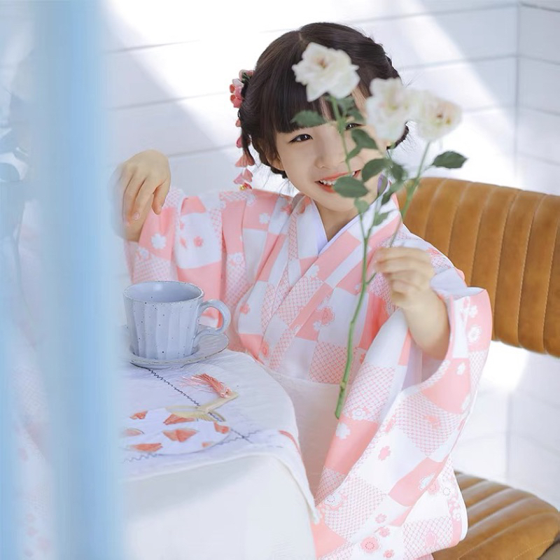 E 日本兒童和服日式浴衣女童連衣裙演出服小粉格子