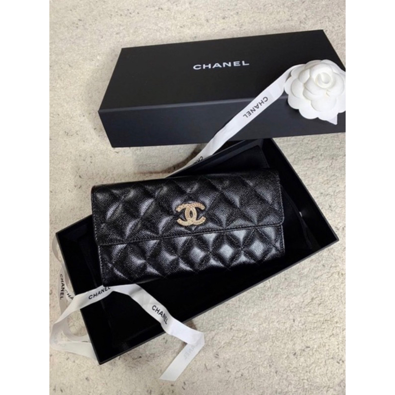 chanel香奈兒 新款 荔枝皮長夾黑金 正品代購歐洲代購