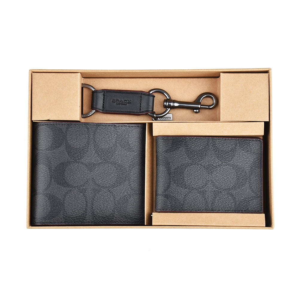 COACH印花LOGO  PVC對折短夾名片夾禮盒組(黑灰)