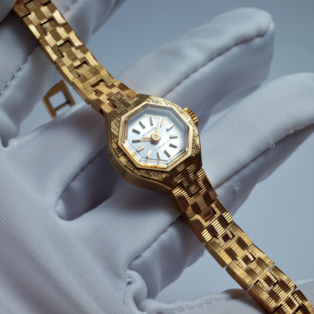 全新 絕美 Pomar 瑞士 八角型 發條手錶 機械錶 仕女錶 手動上鍊 早期老錶 古董錶 女錶 手錶 金色 復古