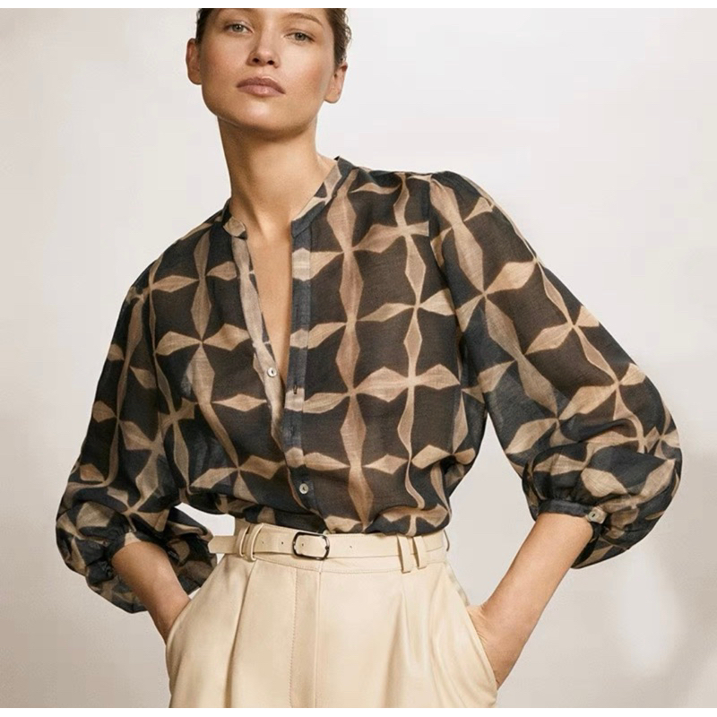 全新Massimo Dutti女裝 幾何圖案亞麻休閒襯衫微透上衣 全尺碼