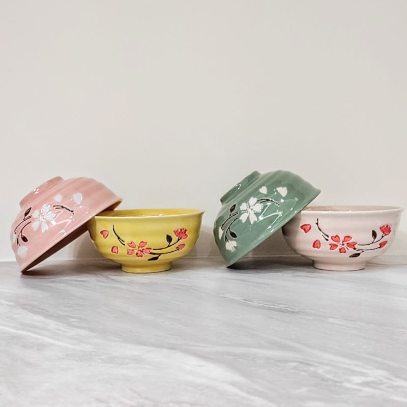 日式和風 精緻茶碗 一組四入 櫻花 陶瓷餐具 飯碗 湯碗 陶瓷碗 日系 手繪花卉 小碗米飯碗日本碗 釉下彩 套組