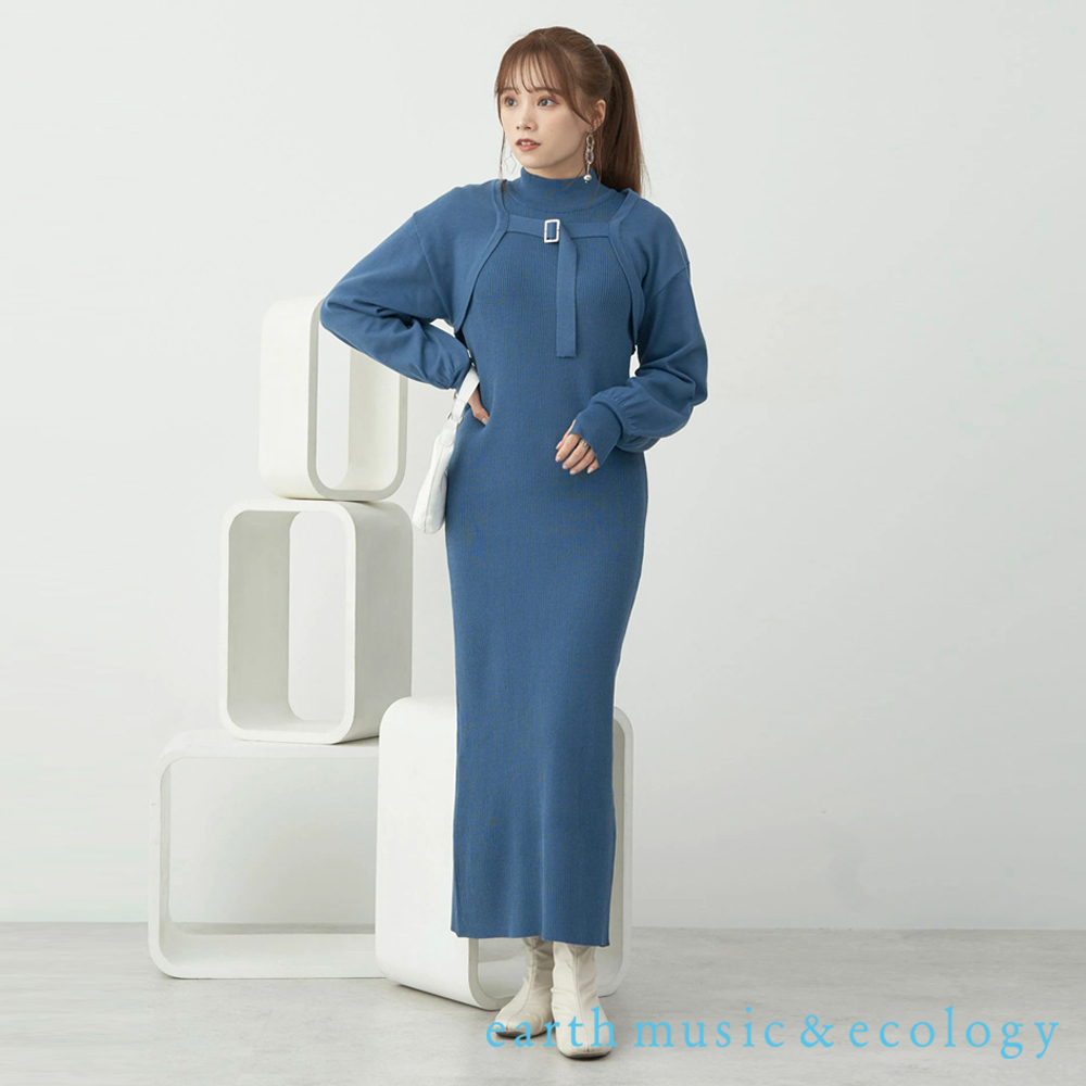 earth music&ecology 【SET ITEM】短版蓬袖針織罩衫+高領合身針織洋裝(1D31L2H0140)