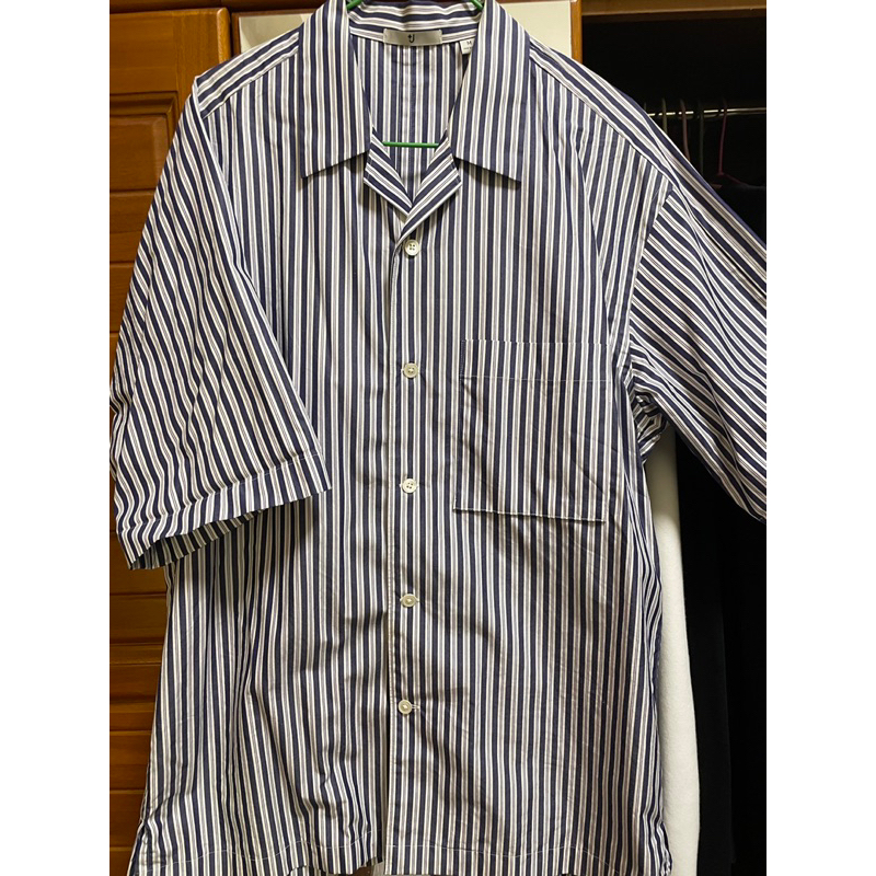 Uniqlo +J 男裝 寬版開領襯衫 短袖 藍條紋黑條紋 二手 M號
