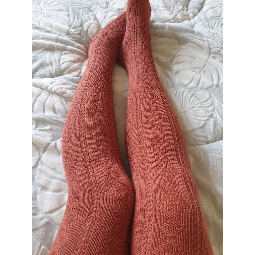 冬天寒流 室內適 合鏤空的好好看  針織鏤空 加厚款 毛褲襪  A056橘色（磚紅色）