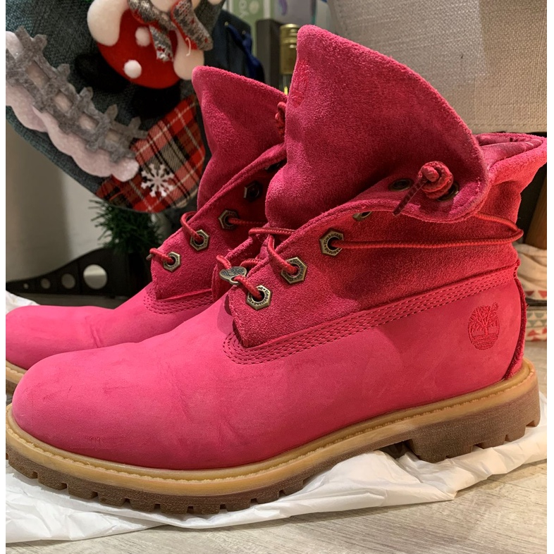Timberland女鞋,女靴,經典反折靴,翻領靴,桃紅色,約9成新, 尺碼：23.5-24