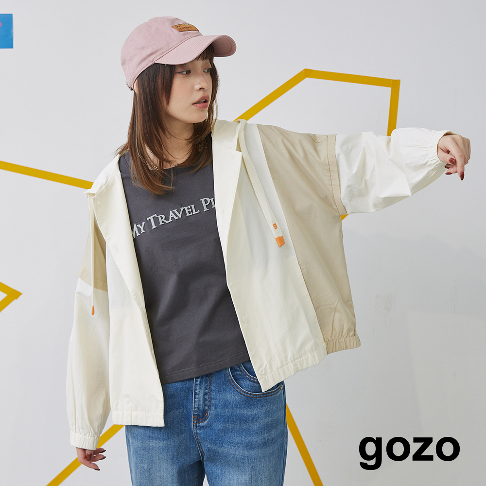 【gozo】曖昧色拼接寬袖連帽外套(米白/綠色_F) | 環保材質 暢銷 休閒