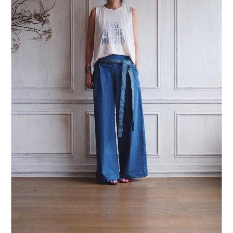 KiiTO選品日本單寧感刺繡綁帶寬褲Denim Belt Wide Pants