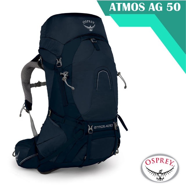 【美國 OSPREY】Atmos AG 50 專業網架輕量登山背包M(可拆卸頂袋+水袋隔間+緊急哨+登山杖扣)_團結藍