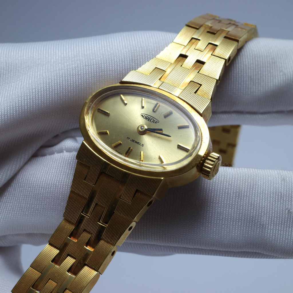 全新 絕美 aureole 瑞士 發條手錶 橢圓 機械錶 仕女錶 手動上鍊 早期老錶 古董錶 女錶 手錶 金色 復古