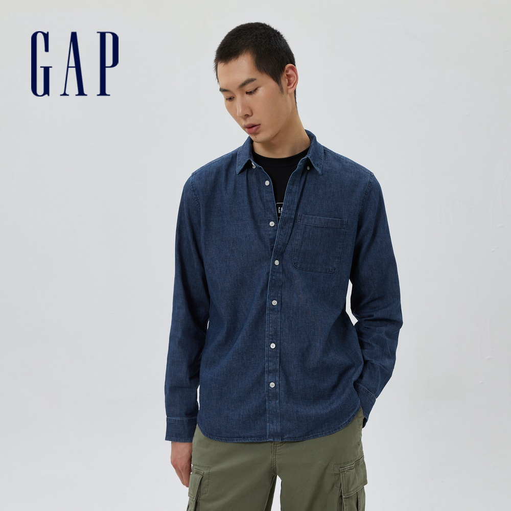 Gap 男裝 工裝翻領長袖牛仔襯衫-中度靛藍(736872)