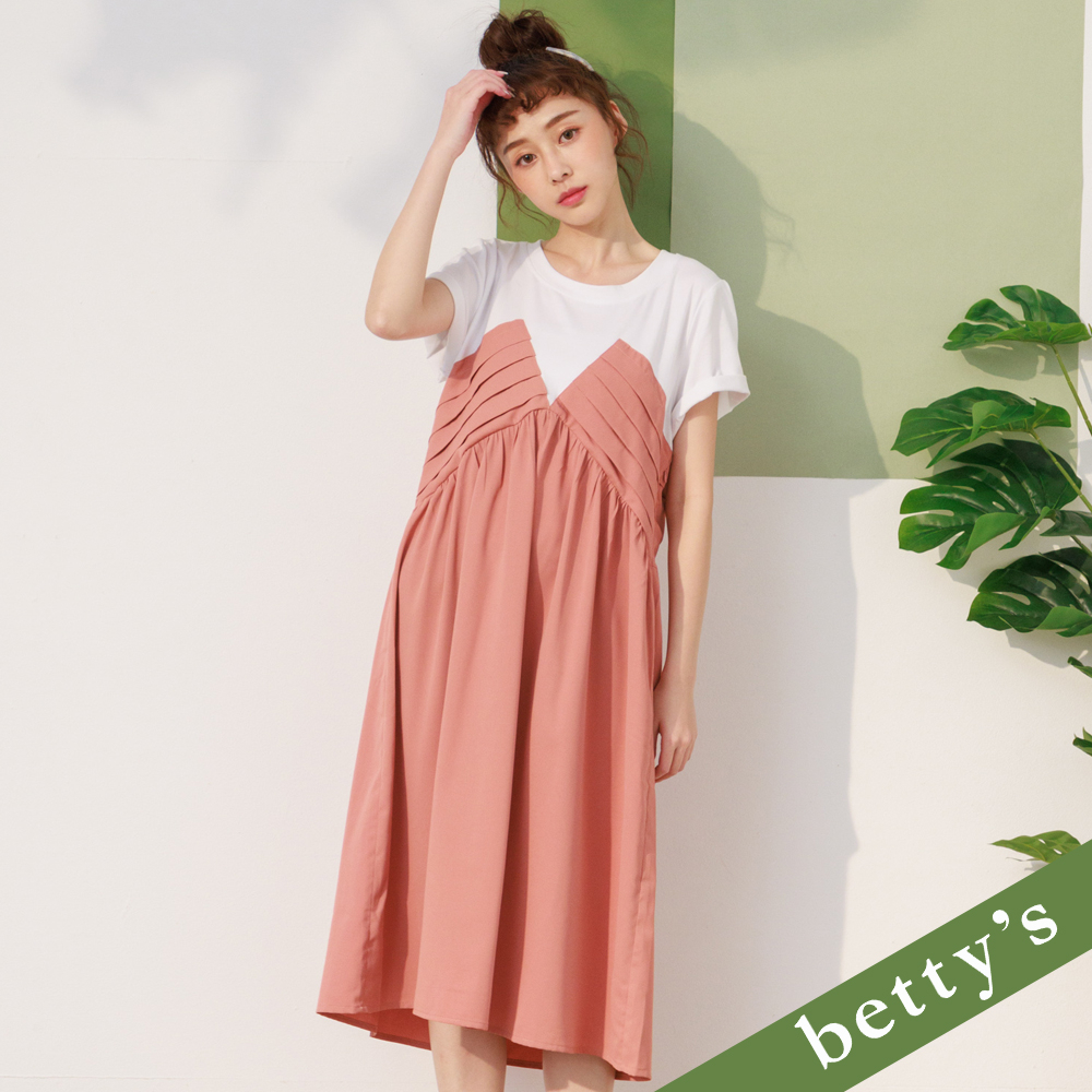 betty’s貝蒂思(21)假兩件拼接打褶洋裝(橘色)