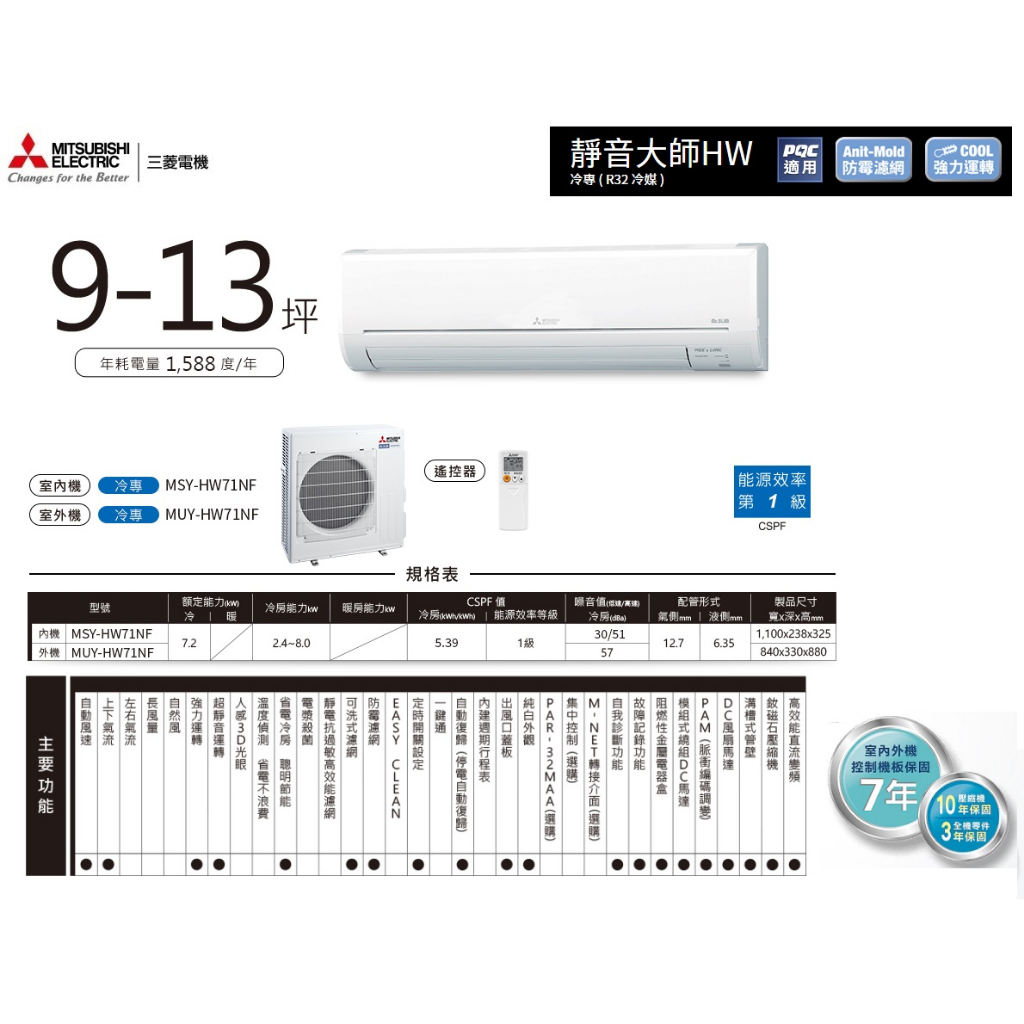 【佲昌企業行冷氣空調家電】三菱電機變頻一級單冷分離壁掛式 7.2kw 9~13坪 MSY/MUY-HW71NF 空機價