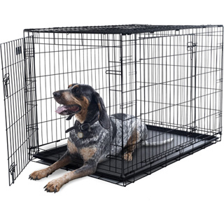 不傷腳 大型中型犬旅行金屬雙門折疊室內室外小狗遊戲狗籠 帶分隔器和手柄塑料托盤的狗籠寵物籠107X79X73.5CM