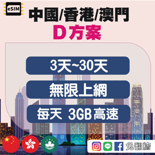 eSIM【中國聯通】【香港】【澳門】D方案 無限上網 每天3GB高速 3天~30天 不須翻牆