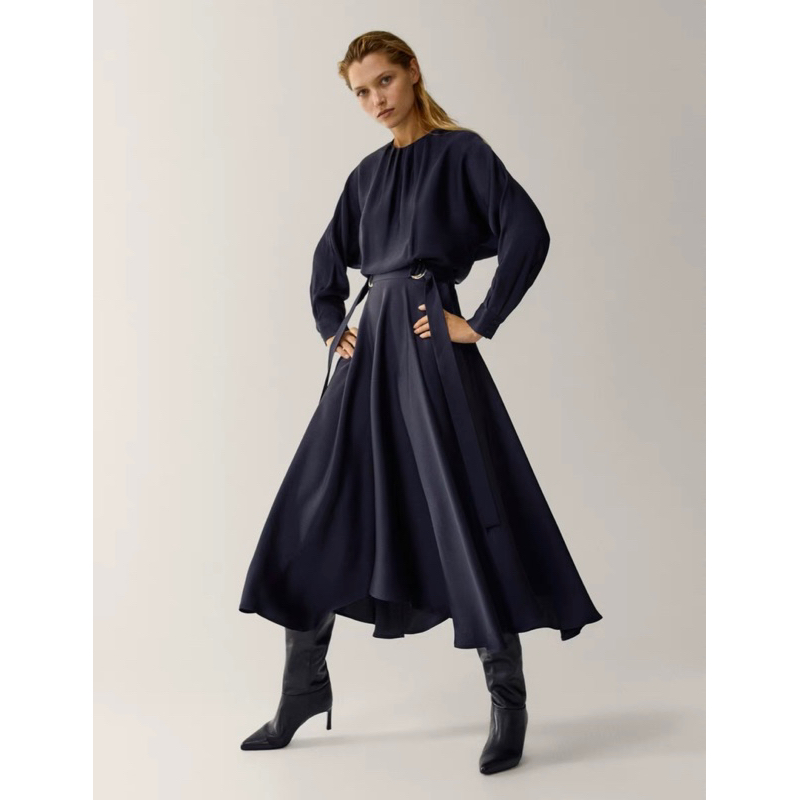 全新 專櫃正品Massimo Dutti 藏藍色不對稱裙擺飄逸女士連身裙洋裝