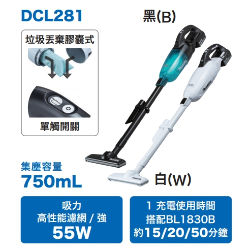 DCL281 原廠公司貨 18V無碳刷充電 吸塵器 三段速 牧田 白色DCL281ZWX3  黑色 DCL281ZBX3