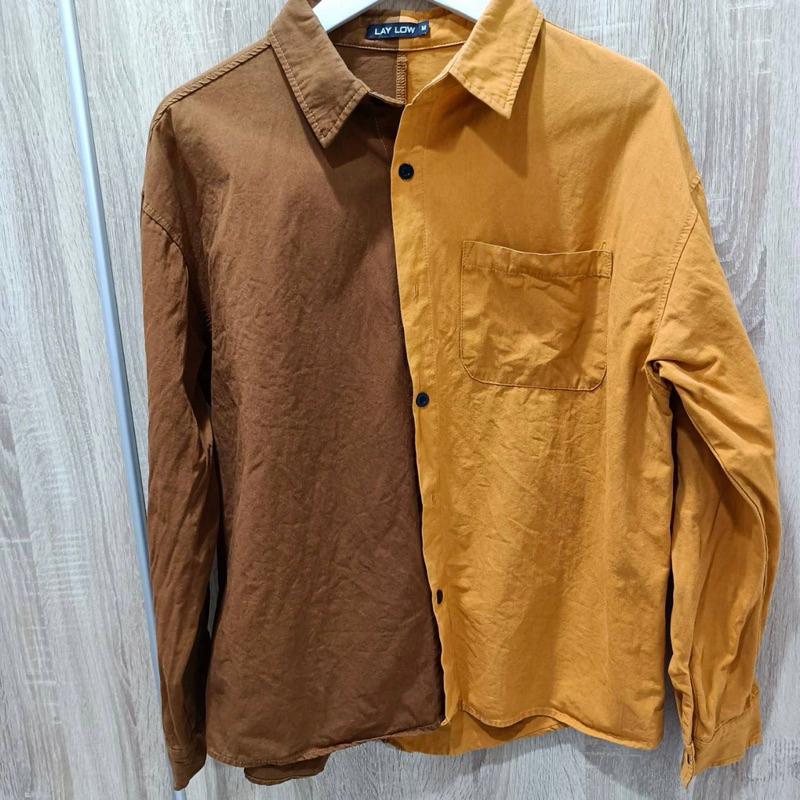二手 拼接長袖襯衫 橘子巧克力襯衫 咖啡色 橘色 長袖上衣 襯衫 古著風