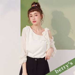 betty’s貝蒂思(21)雪紡斜肩綁帶荷葉領上衣(白色)