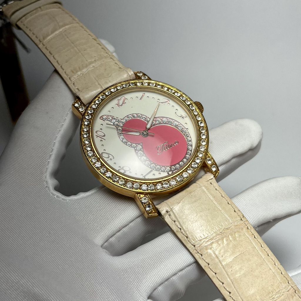 滿額贈！Titina 全新水鑽圓形葫蘆圖案白色真皮錶帶手錶 女錶