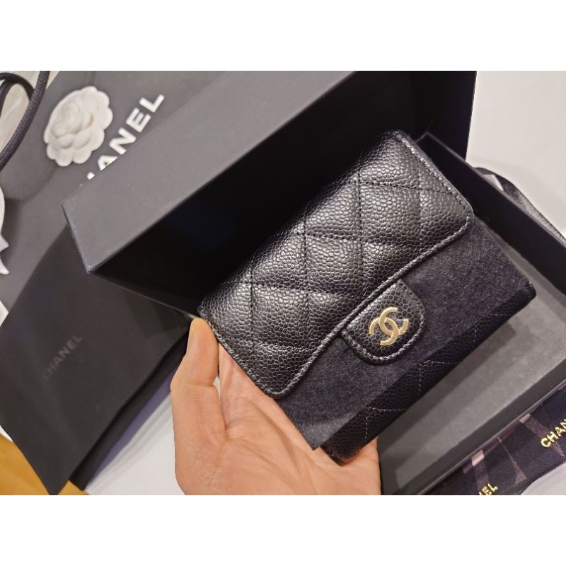 *9成9新二手現貨在台*法國Chanel香奈兒正品經典小型口蓋皮夾荔枝皮黑色金扣短夾免運費可刷卡*現貨優惠*