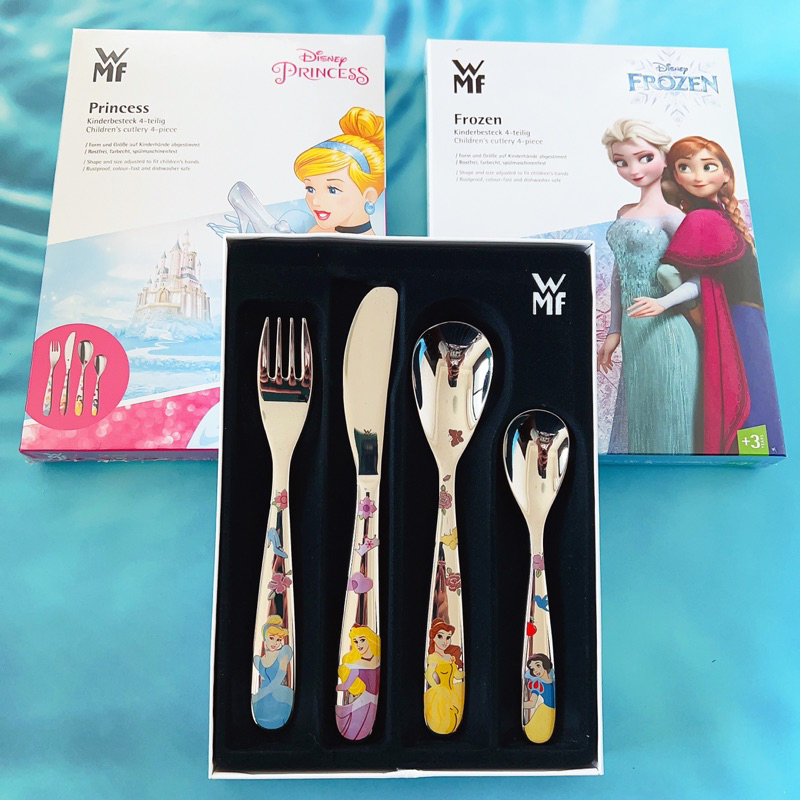 (現貨）WMF Disney公主&amp;冰雪奇緣頂級不鏽鋼兒童餐具4入組 正品平輸進口 兒童餐具 叉子 湯匙 切刀 公主餐具