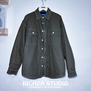 【RICHZA STUDIO】韓國品牌 LAYER UNION 軍綠色鋪棉襯衫 挺版外套 白車線跳色 寬鬆版型 二手美品