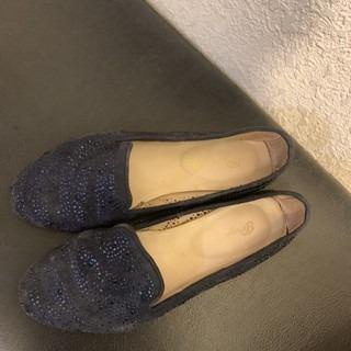POYOULI 專櫃｜深藍色麂皮帶鑽平底穆勒鞋(35)
