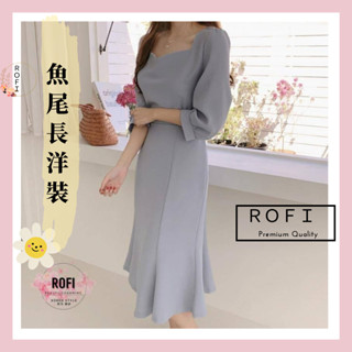 ROFI現貨💜韓版chic婚禮洋裝 雪紡洋裝 法式方領 收腰洋裝 過膝魚尾洋裝 伴娘禮服 女神洋裝 A2004