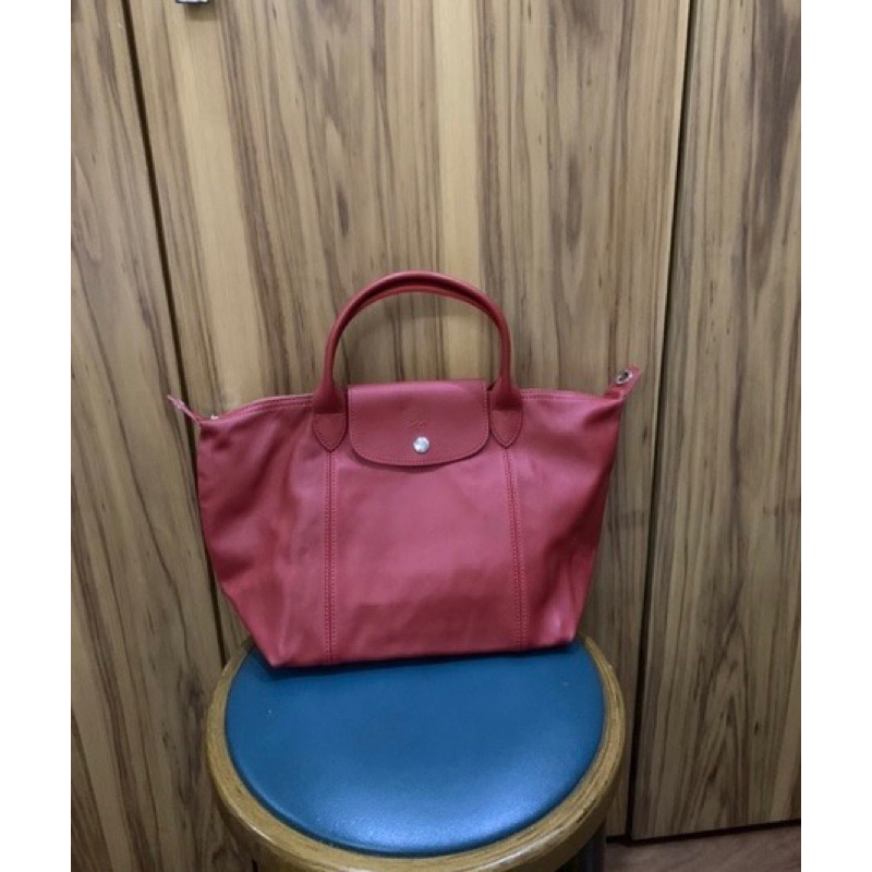 全新 法國帶回正品 Longchamp 小羊皮經典真皮皮革摺疊水餃包 舊版細背帶 小型 紅色