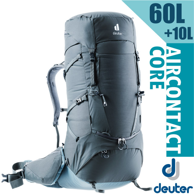 【Deuter】健行登山背包 60+10L Aircontact Core 自助旅行背包_黑/水藍_3350522
