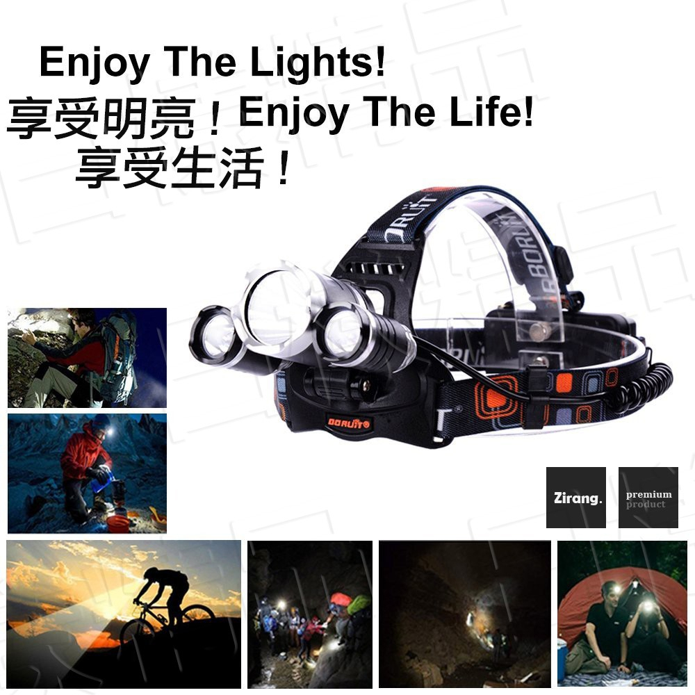 《樣樣樂》​​CREE T6 高強光三眼廣角頭燈​​​​ 三管 黑管 頭燈 遠射程 探照燈 工程 露營 登山 釣魚