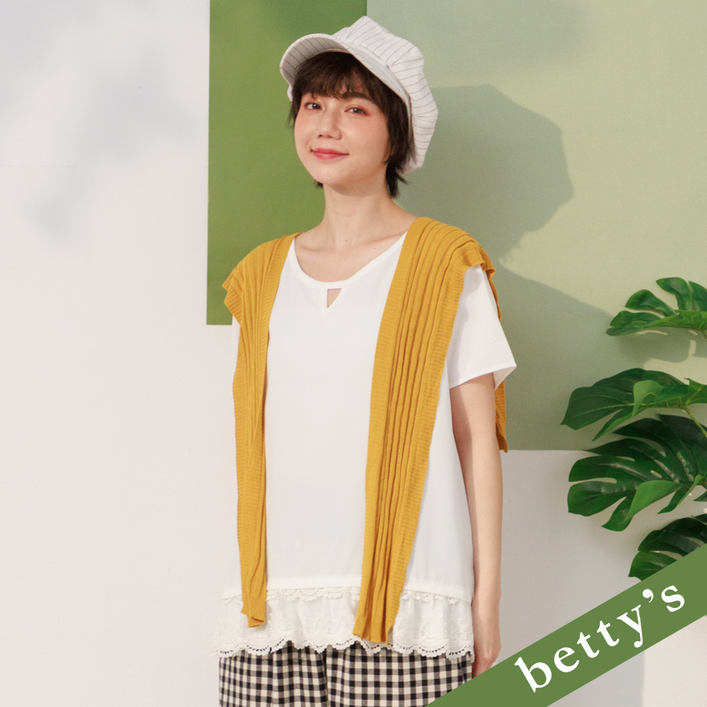 betty’s貝蒂思(21)三角簍空領口蕾絲拼接上衣(白色)