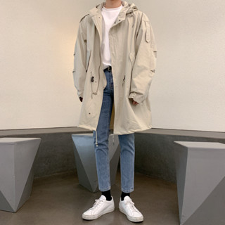 日系連帽風衣男中長款韓版寬鬆魚尾工裝外套