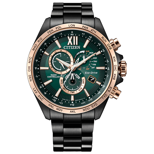 【CITIZEN星辰】CB5956-89X 代言廣告款 電波萬年曆 鋼錶帶 光動能三眼男錶 黑/綠 45mm 台南 時代