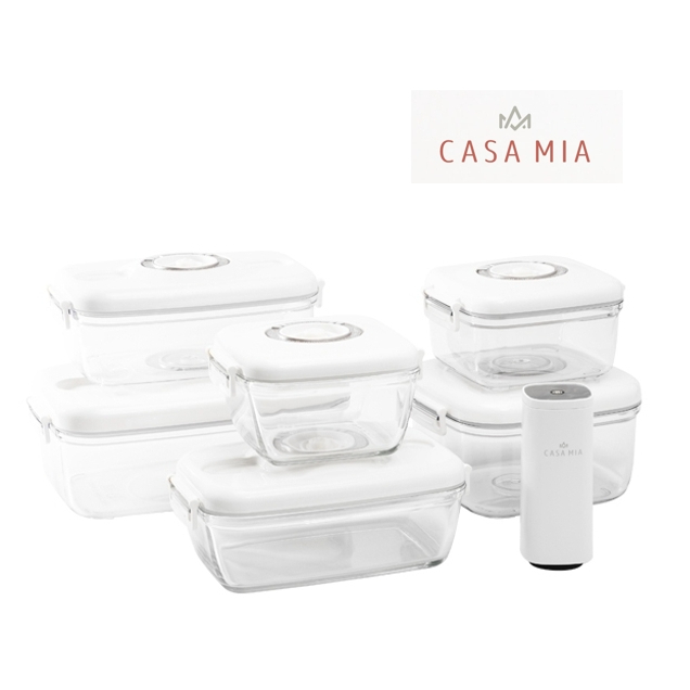 西班牙Casa Mia 真空保鮮盒組(AS環保塑料+玻璃) + 手持電動真空機 (共7件組)